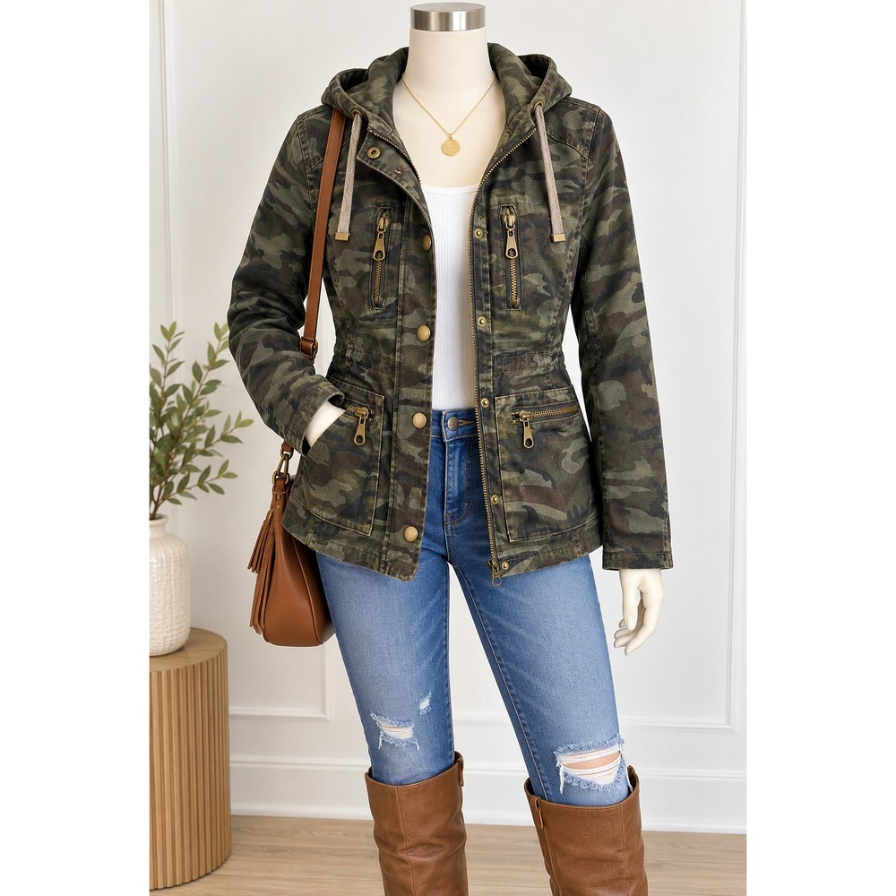 Zenana Outfitters Womens Camo Utility Jacket Hooded Military Anorak Green Small